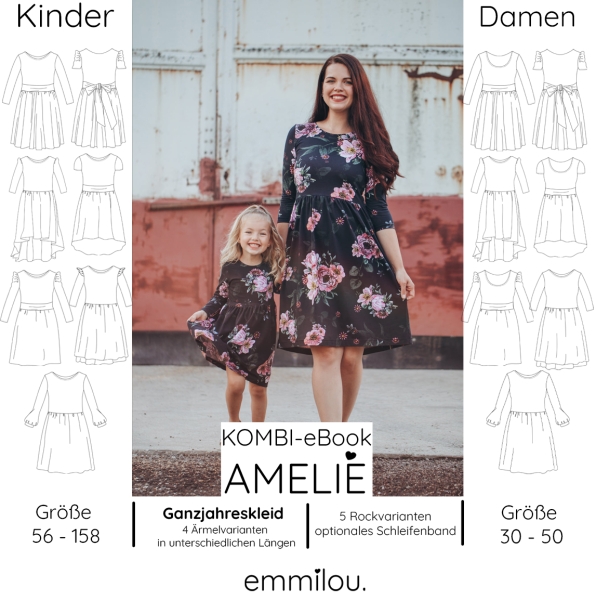 Kombi-eBook Ganzjahreskleid "Amelie" Größe 56-158 & 30-50 Schnittmuster & Nähanleitung